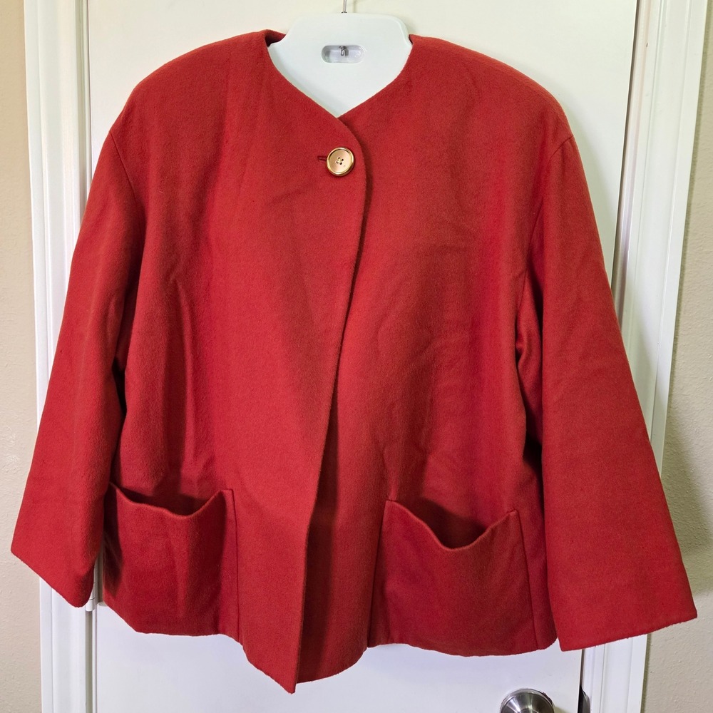 Linda Allard Ellen Tracy Petite Orange Red Wool Cashmere Collarless Jacket 6P